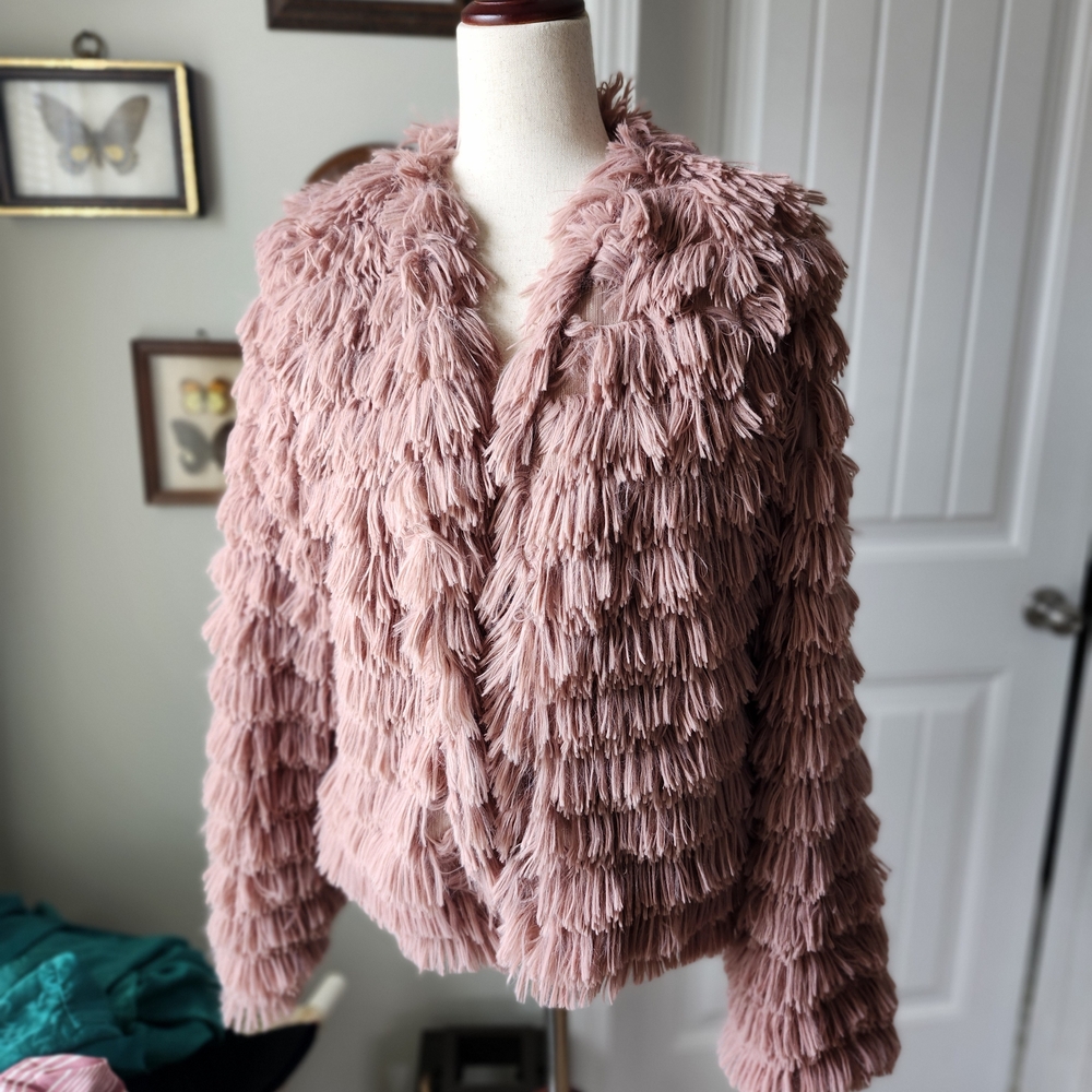 SHEIN Pink Faux Fur Fringe-y. Teddy Jacket L